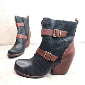 Korks Moto Boot Sz 10 Black Brown Leather Chunky Block Heel Comfort Ankle Bootie